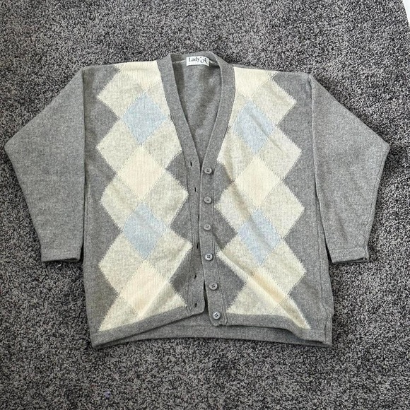 Vintage Gray with white and light blue Argyle Low neck button down by Lady A - Picture 2 of 5